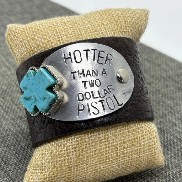Hotter Than a Two Dollar Pistol Leather Cuff Bracelet Turquoise Accent - Picture 6 of 8